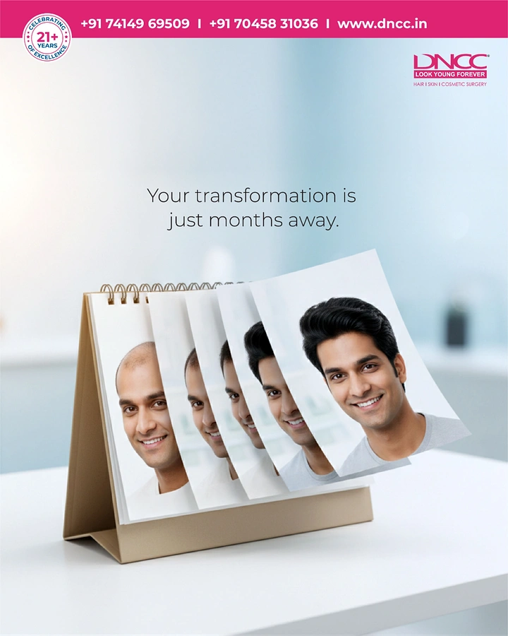 Hair Transplant & Hair Clinics creative ad: Desk calendar flips bald to full hair