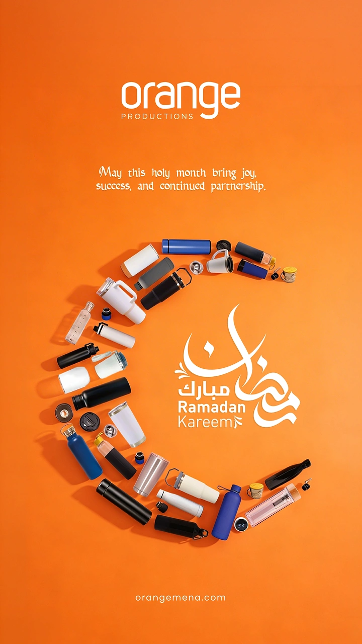Ramadan creative ad: Crescent formed from branded drinkware flat lay