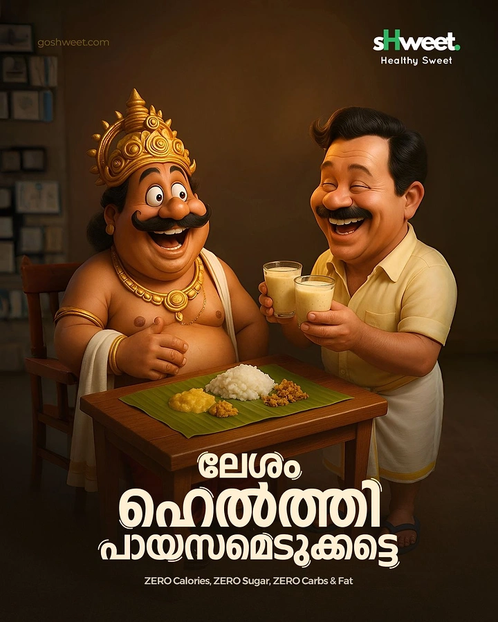Onam creative ad: 3D cartoon Mahabali and a Malayali man laughing over a banana-leaf meal and glasses of payasam