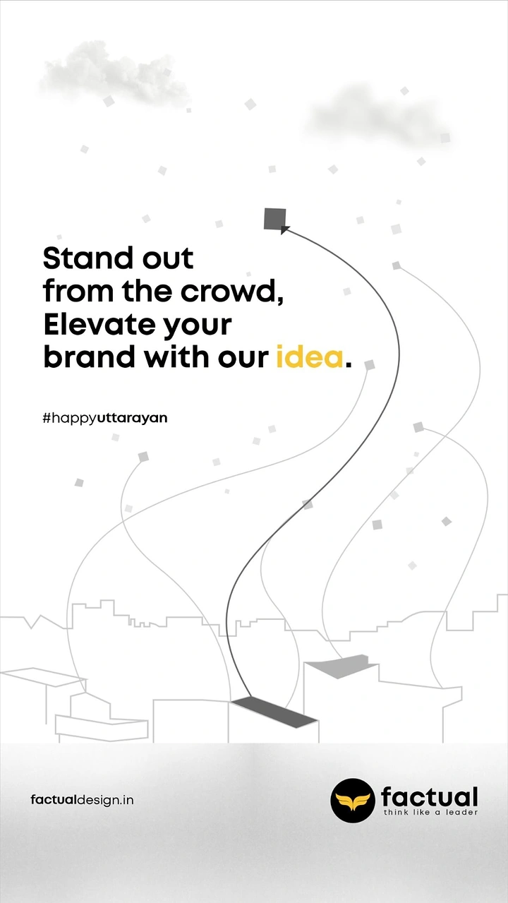 Makar Sankranti creative ad: Single dark kite rising above a line-art city skyline