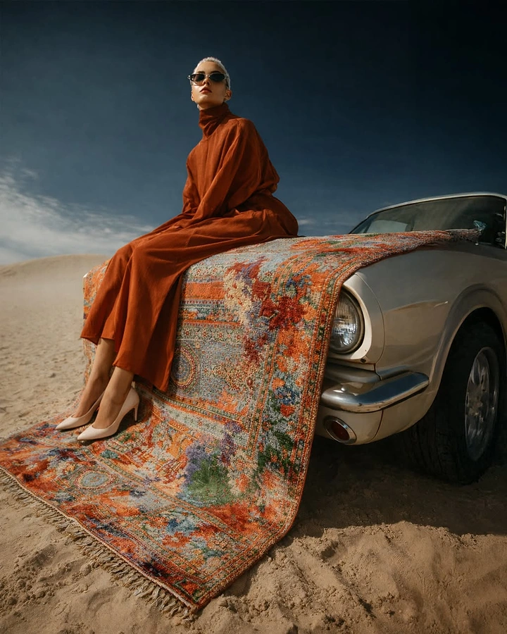 Rugs & Carpets creative ad: Fashion portrait turns rug into car drape