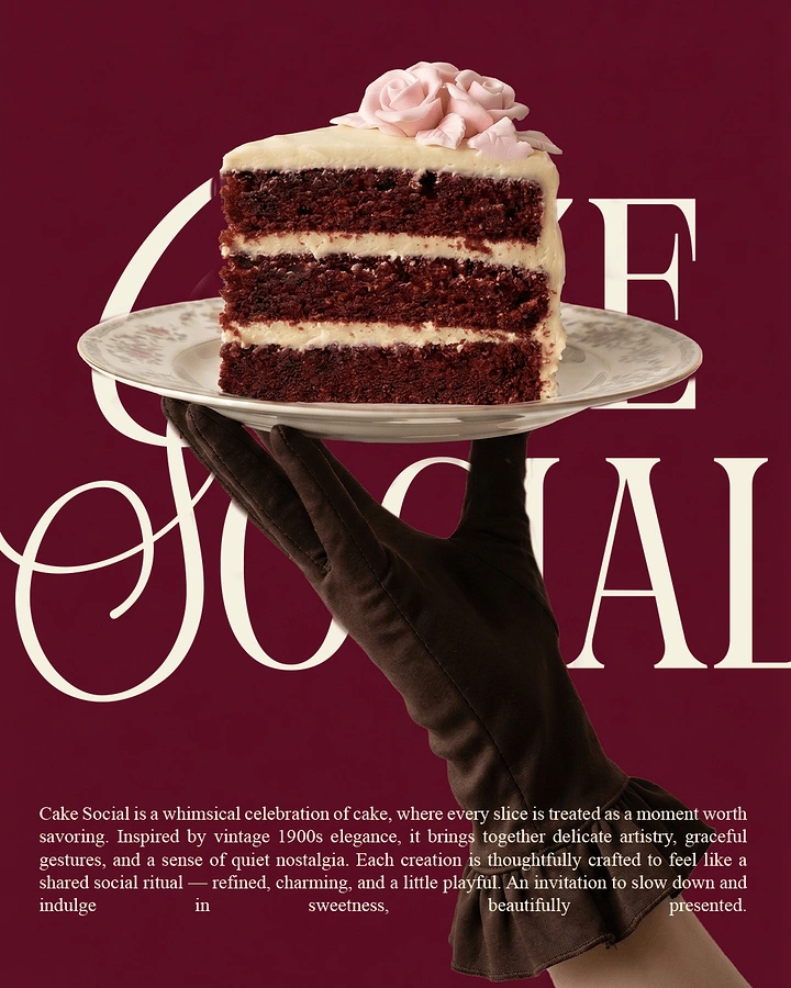 Creative ad: Gloved hand holding a red velvet cake slice on a vintage plate