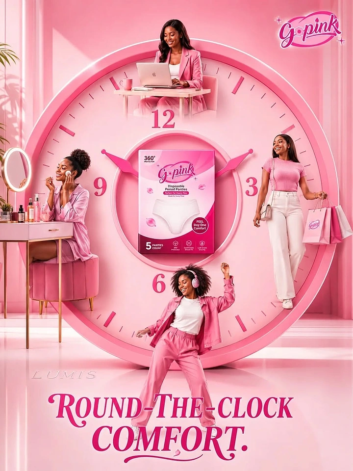 Period Care & Feminine Hygiene creative ad: Period panty pack at centre of giant pink clock with women around it