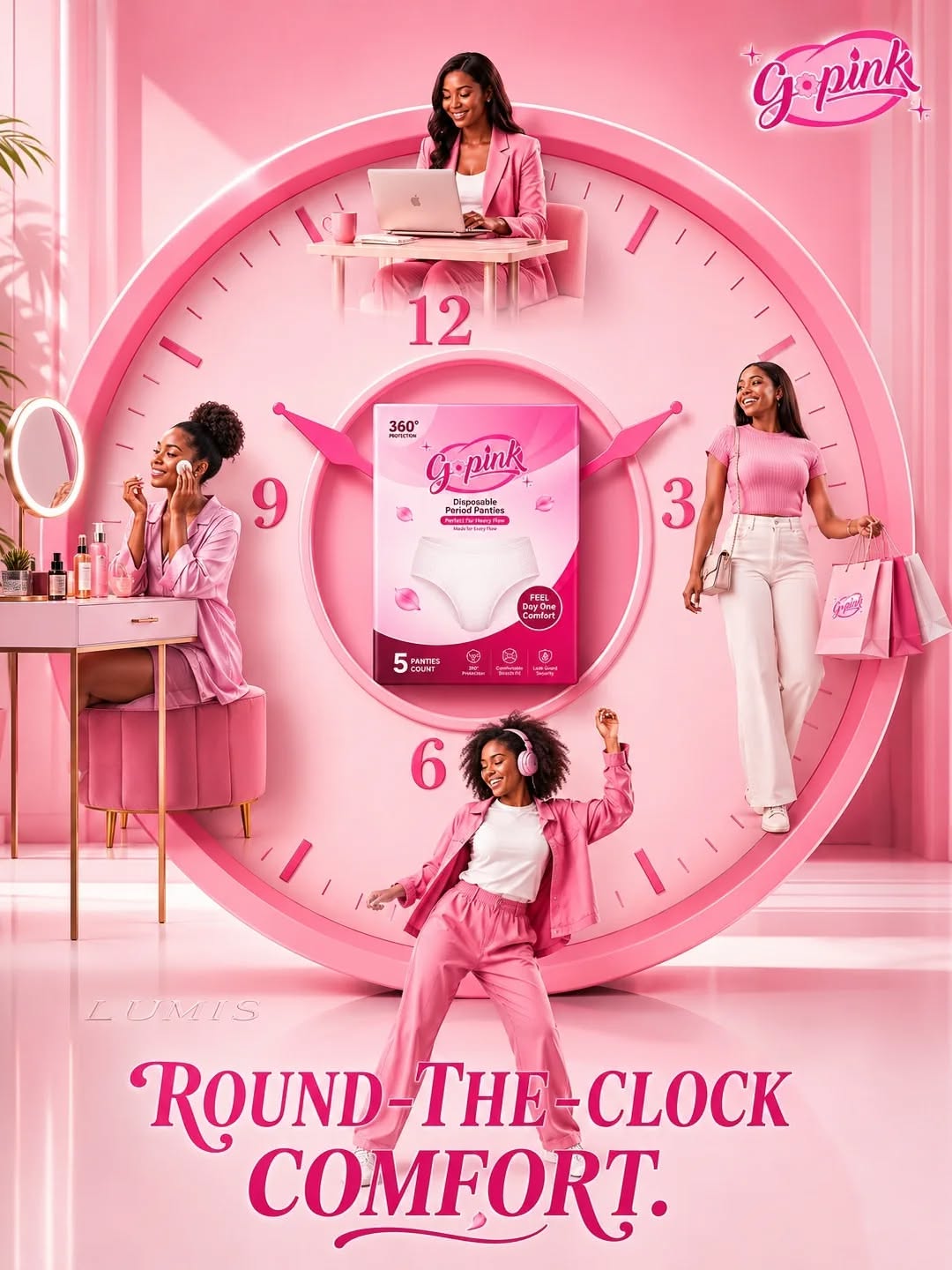 Carousel: Period panty pack at centre of giant pink clock with women around it, slide 1