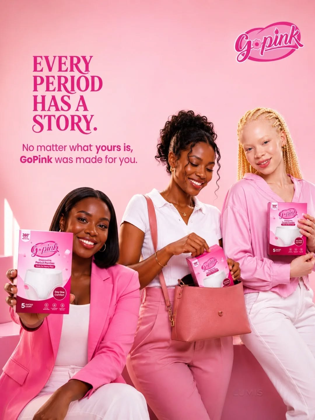 Carousel: Period panty pack at centre of giant pink clock with women around it, slide 3