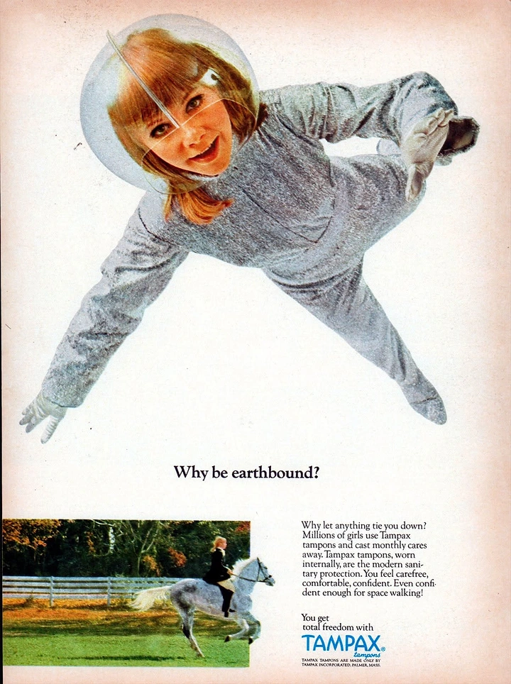 Period Care & Feminine Hygiene creative ad: Young woman in silver spacesuit floating mid-air