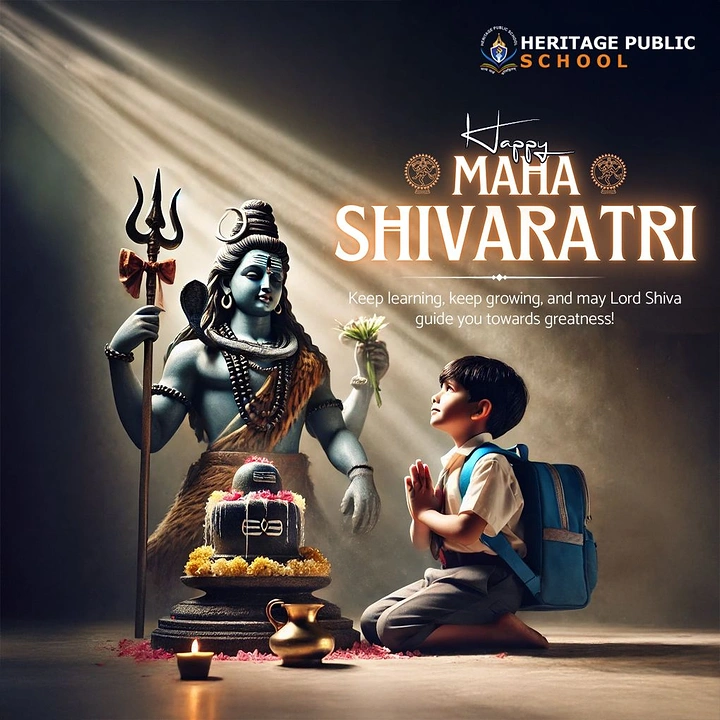 other-festival creative ad: Schoolboy with backpack praying before a Shiva idol and shivling