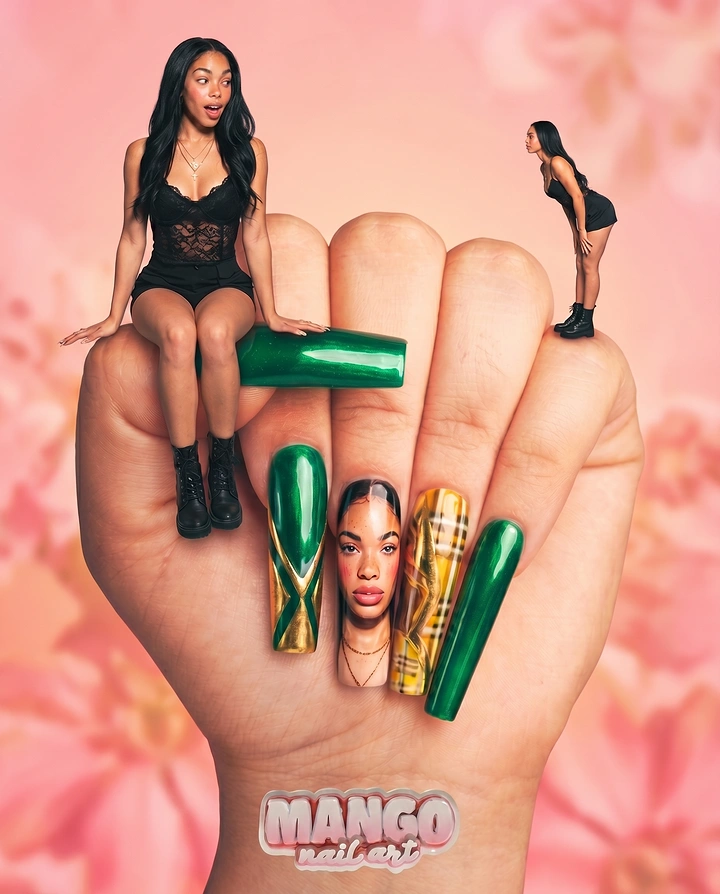 Nail Salons creative ad: Giant hand with emerald and gold nail art, tiny women sitting on it
