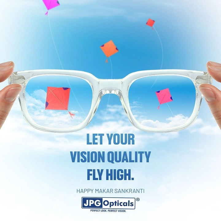 Makar Sankranti creative ad: Clear eyeglasses held up to a sky full of kites