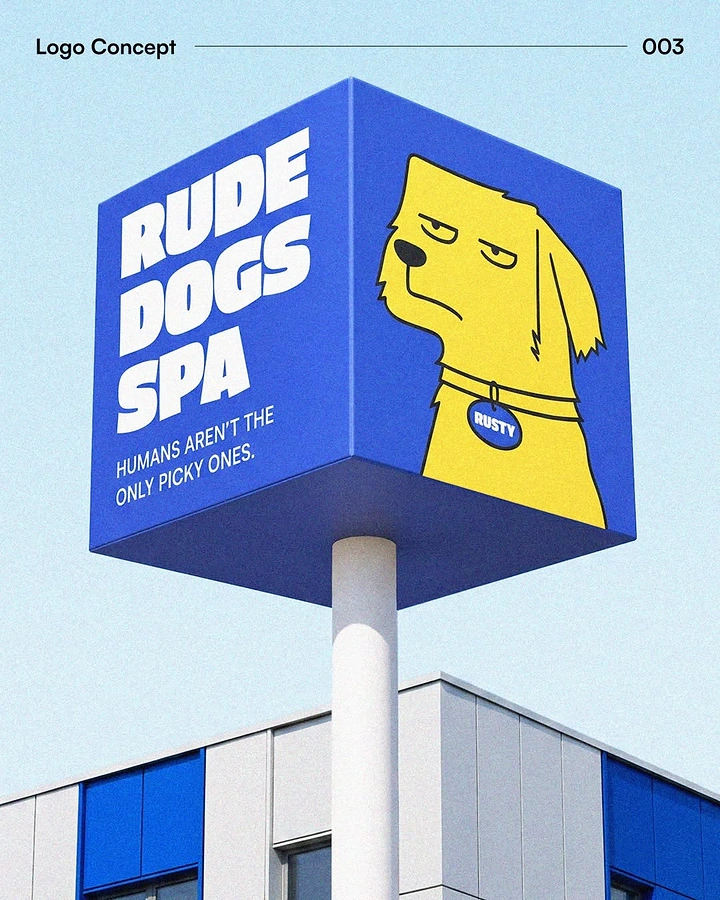 Pet Grooming creative ad: Grumpy dog mascot, 'picky ones' witty line