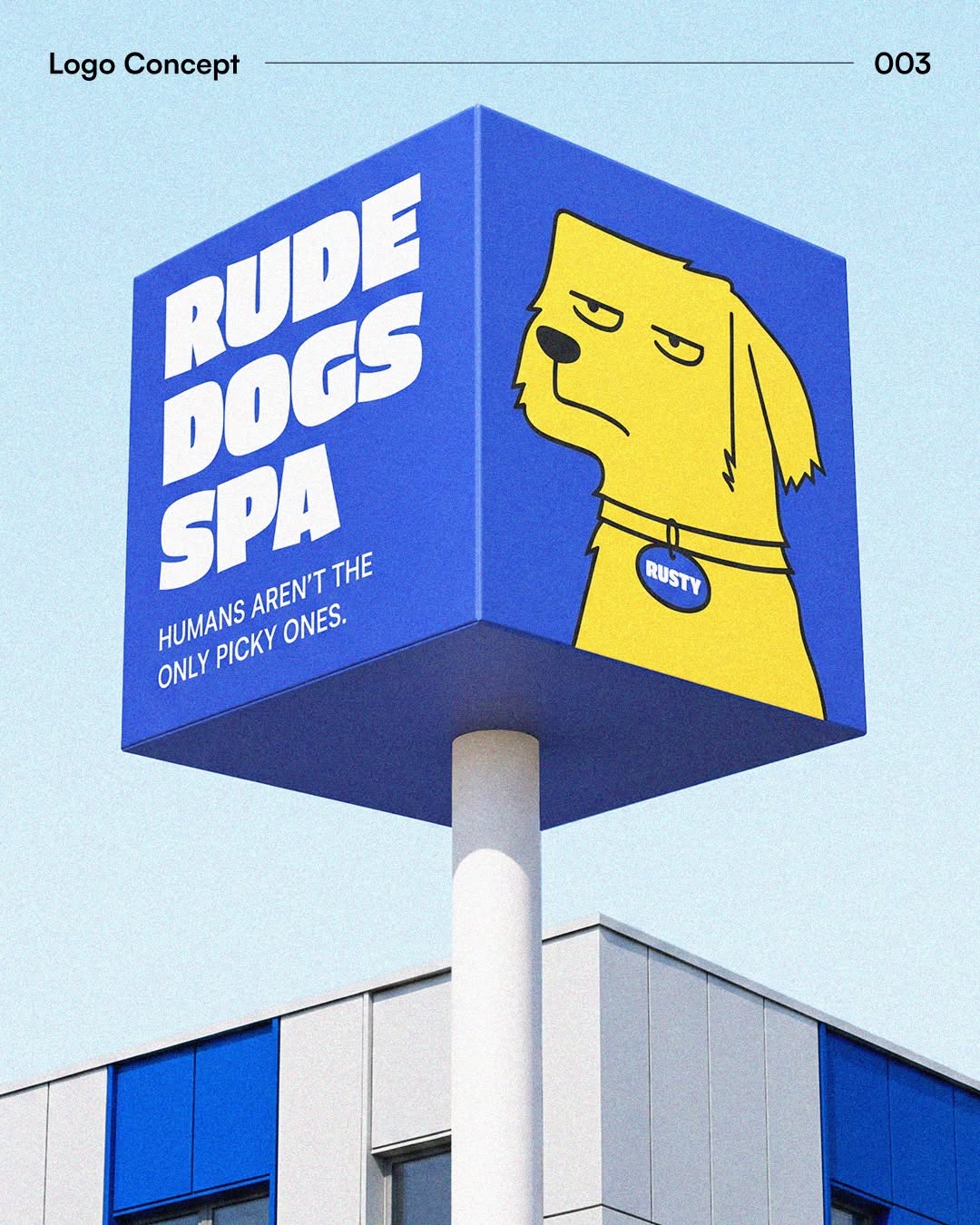 Carousel: Blue cube sign on a pole showing a grumpy yellow cartoon dog, slide 1