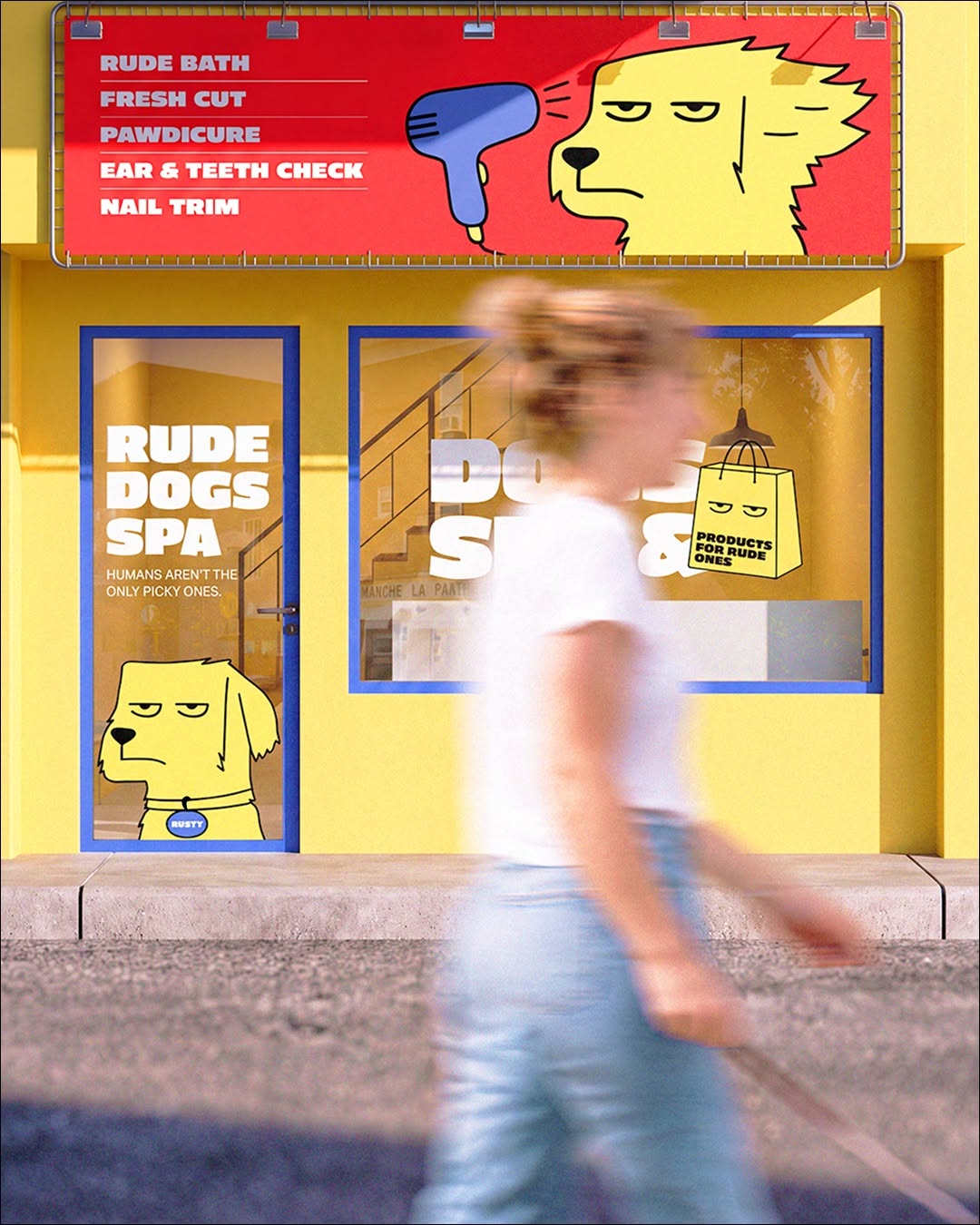 Carousel: Blue cube sign on a pole showing a grumpy yellow cartoon dog, slide 2