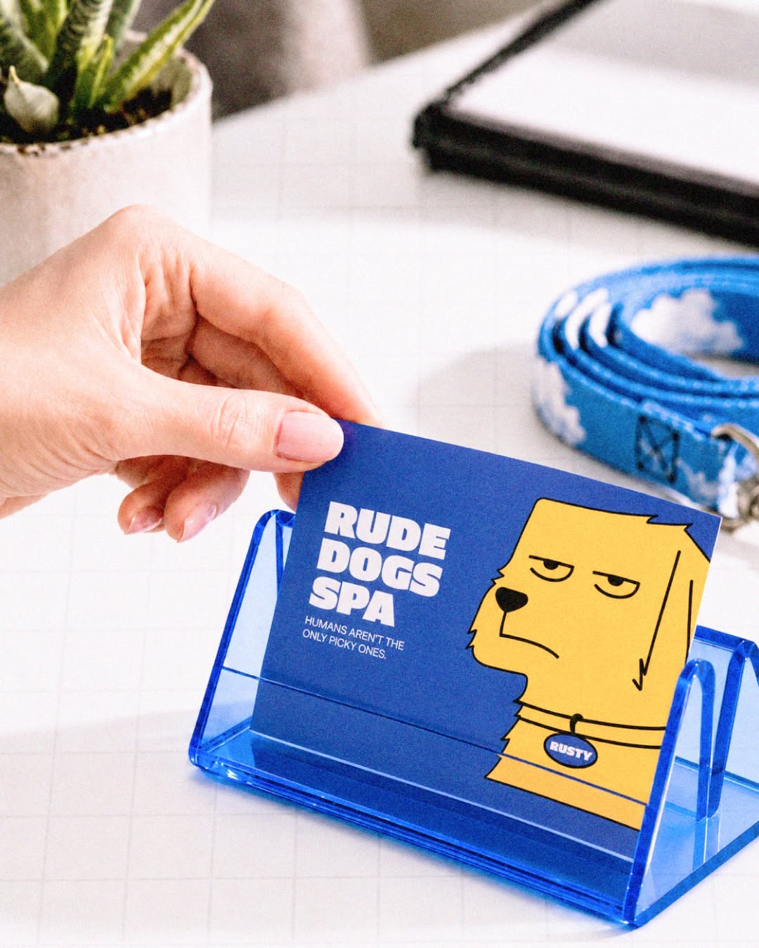 Carousel: Blue cube sign on a pole showing a grumpy yellow cartoon dog, slide 3