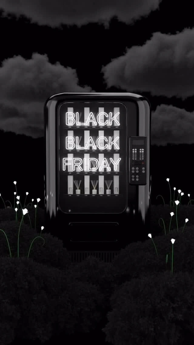 Black Friday creative ad: Black vending machine with neon text in a night garden