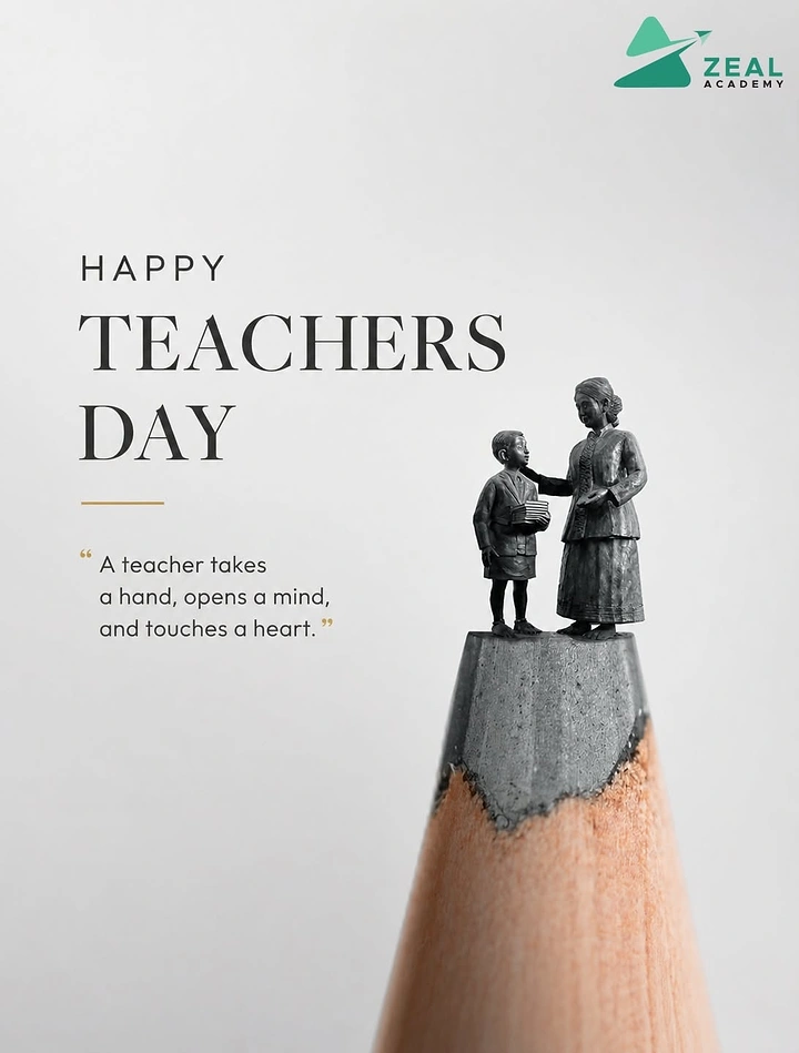 Teachers Day creative ad: Tiny teacher and child figures carved on a pencil tip