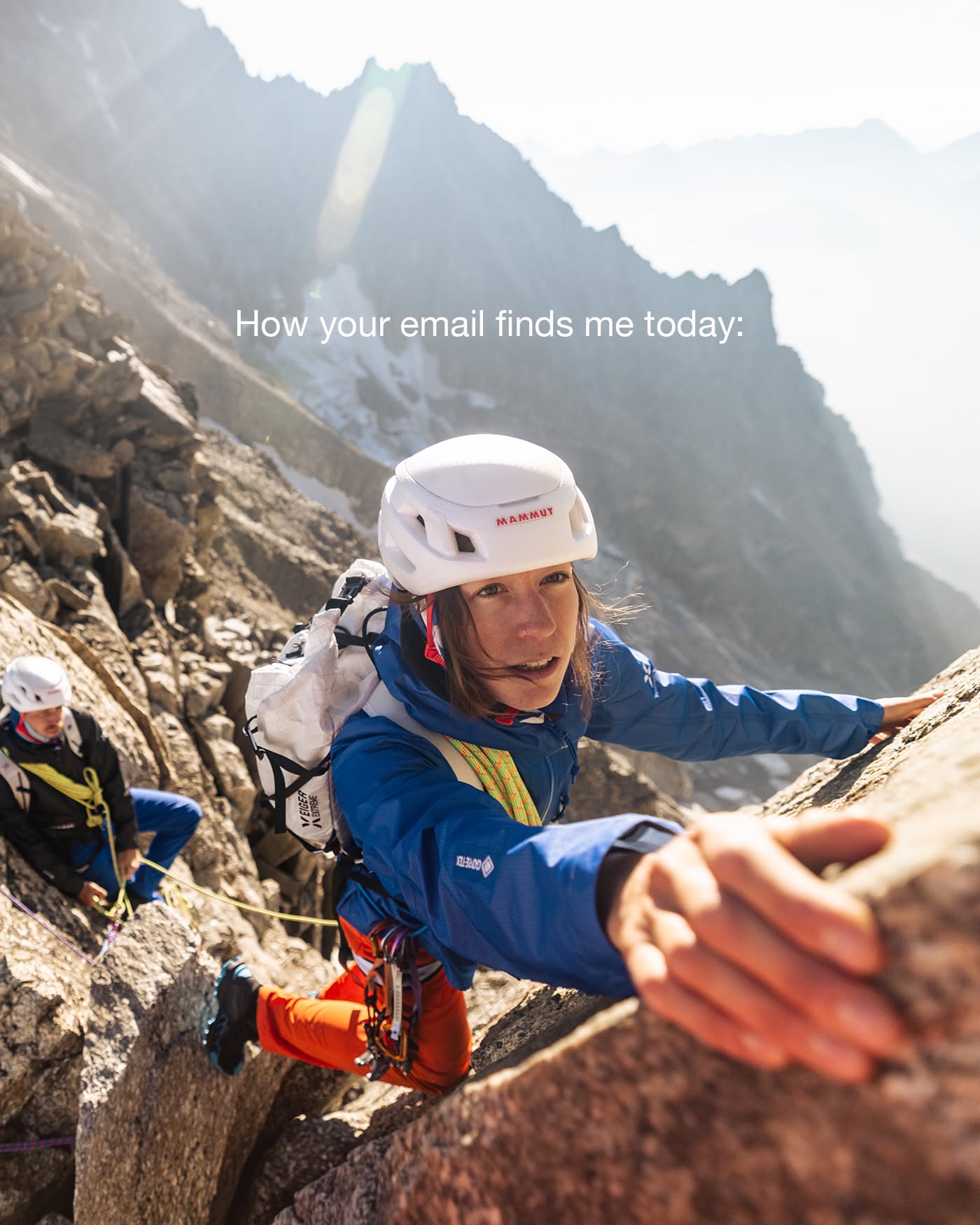 Instagram post: Email copy paired with reaching climber metaphor