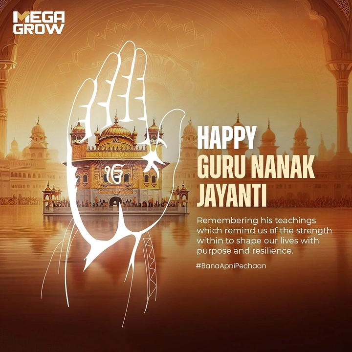 Guru Nanak Jayanti creative ad: Golden Temple framed inside a white line-art blessing hand