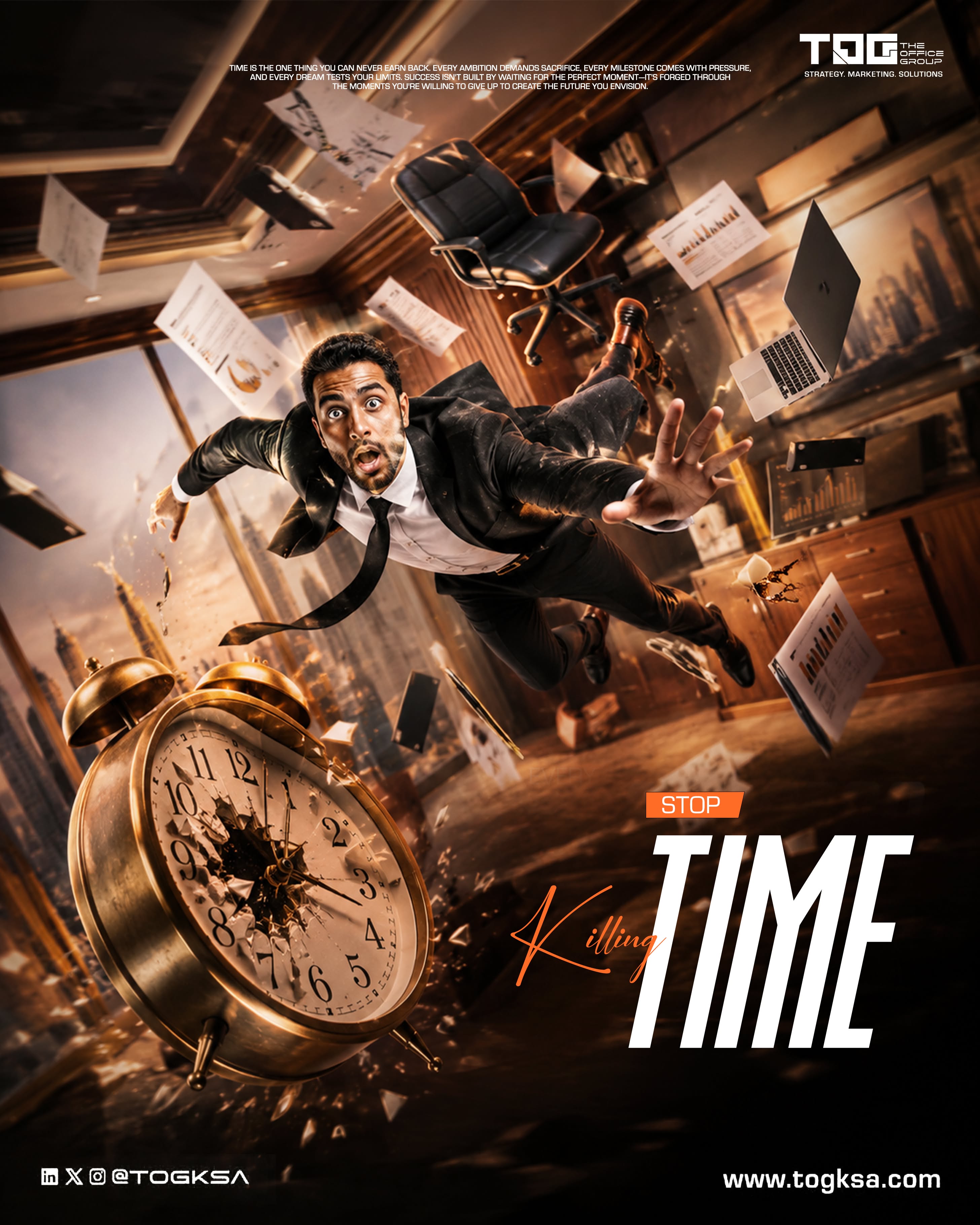 Instagram post: Man falling with shattered clock, time