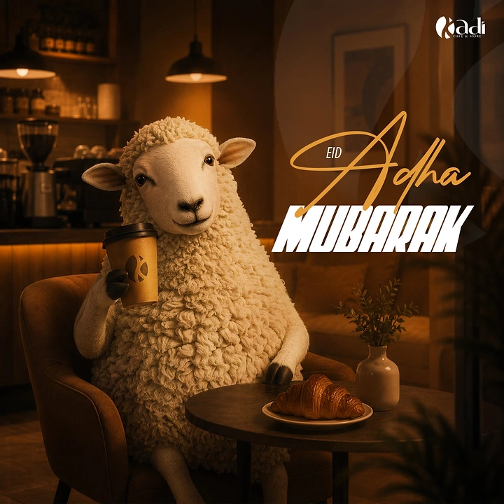 Eid creative ad: Fluffy sheep sitting in a cafe armchair holding a branded coffee cup