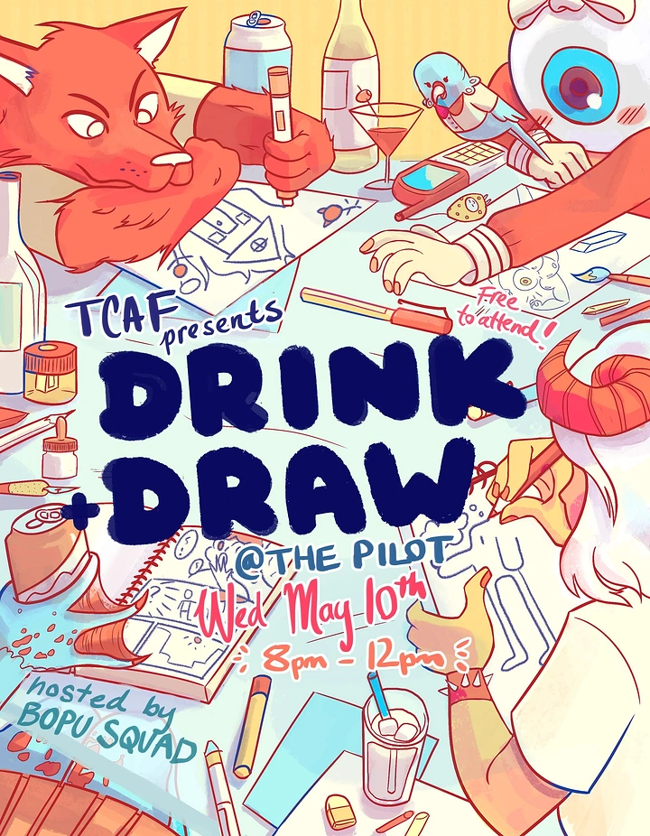 Events & Nightlife creative ad: Cartoon creatures sketching around a cluttered drinks table