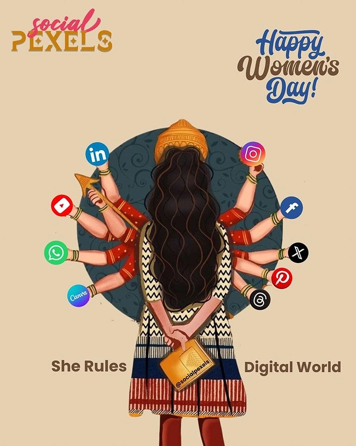 Women's Day creative ad: Woman seen from behind as a multi-armed goddess holding social media icons