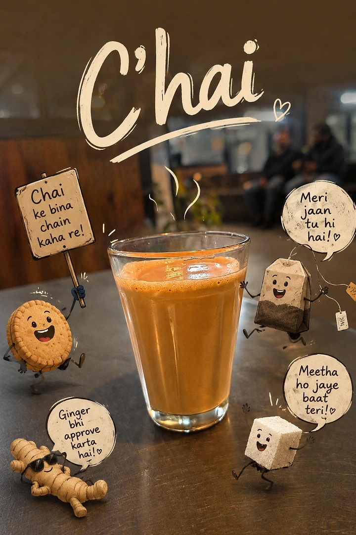 Tea & Chai Brands creative ad: Illustrated snack characters around chai photo