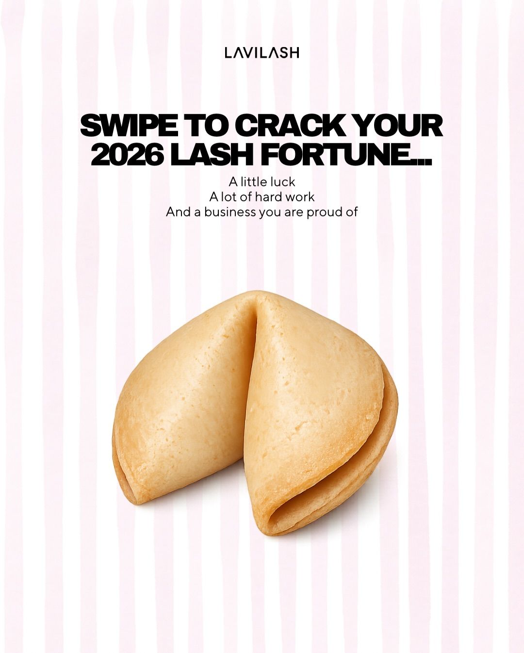 New Year Carousel: Single fortune cookie on pink striped background, slide 1