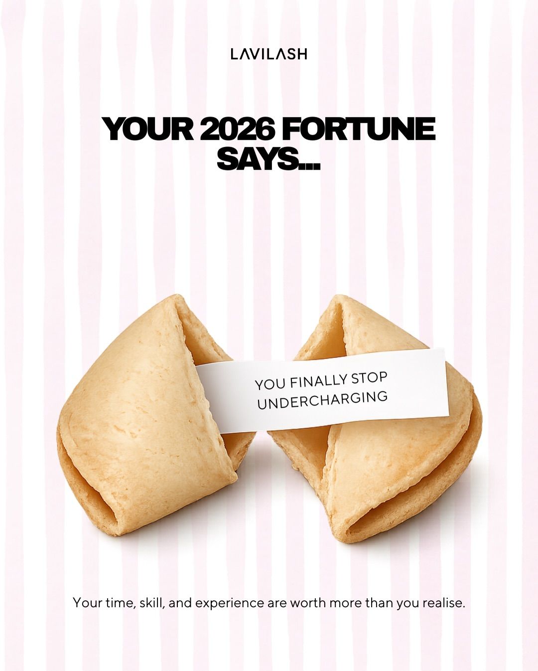 New Year Carousel: Single fortune cookie on pink striped background, slide 4