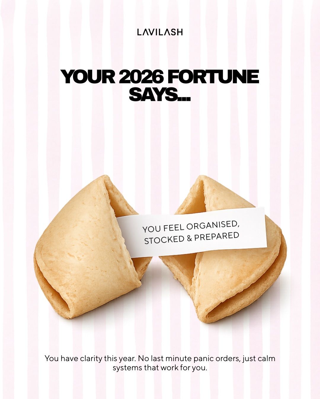 New Year Carousel: Single fortune cookie on pink striped background, slide 6