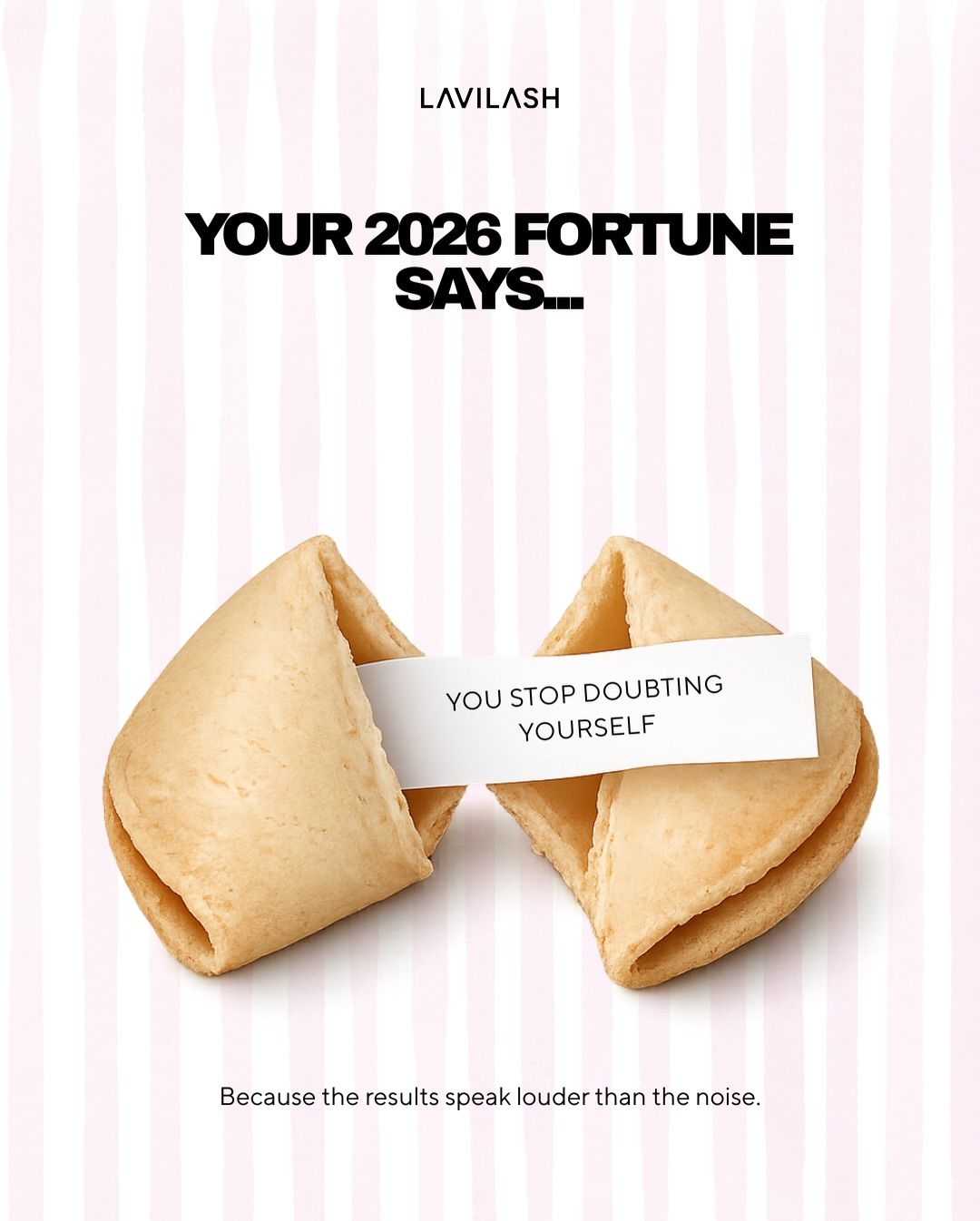 New Year Carousel: Single fortune cookie on pink striped background, slide 7