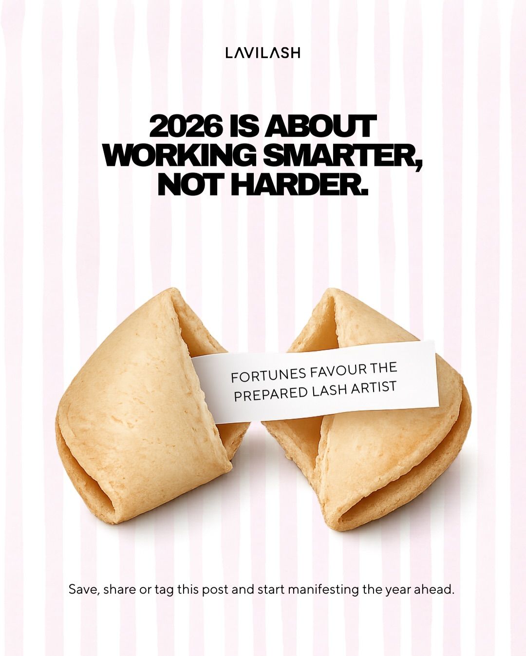 New Year Carousel: Single fortune cookie on pink striped background, slide 8