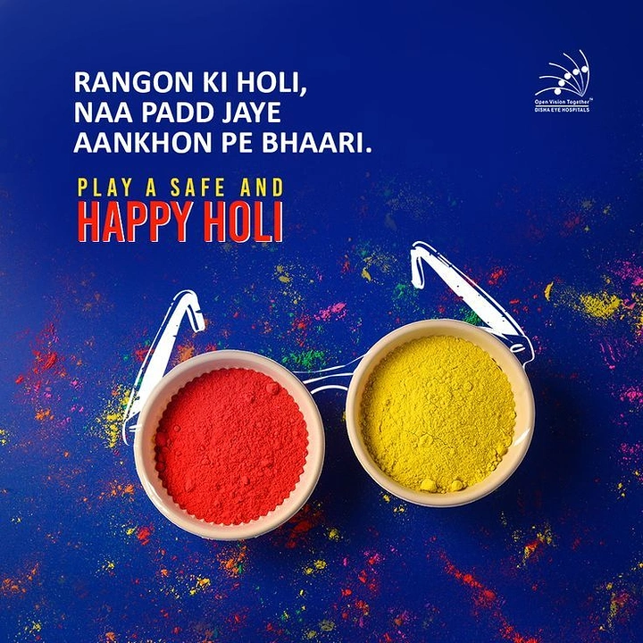Holi creative ad: Two bowls of red and yellow gulal forming the lenses of doodled spectacles