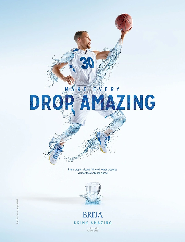 Water Purifiers creative ad: Basketball player mid-leap with his limbs turning into splashing water