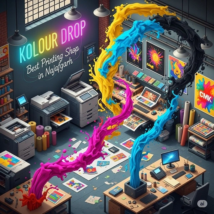 Printing Shops creative ad: CMYK ink ribbons flowing through print shop