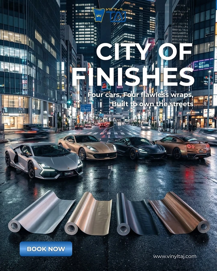 Window Tinting & Car Wraps creative ad: City-of-finishes campaign with material showcase