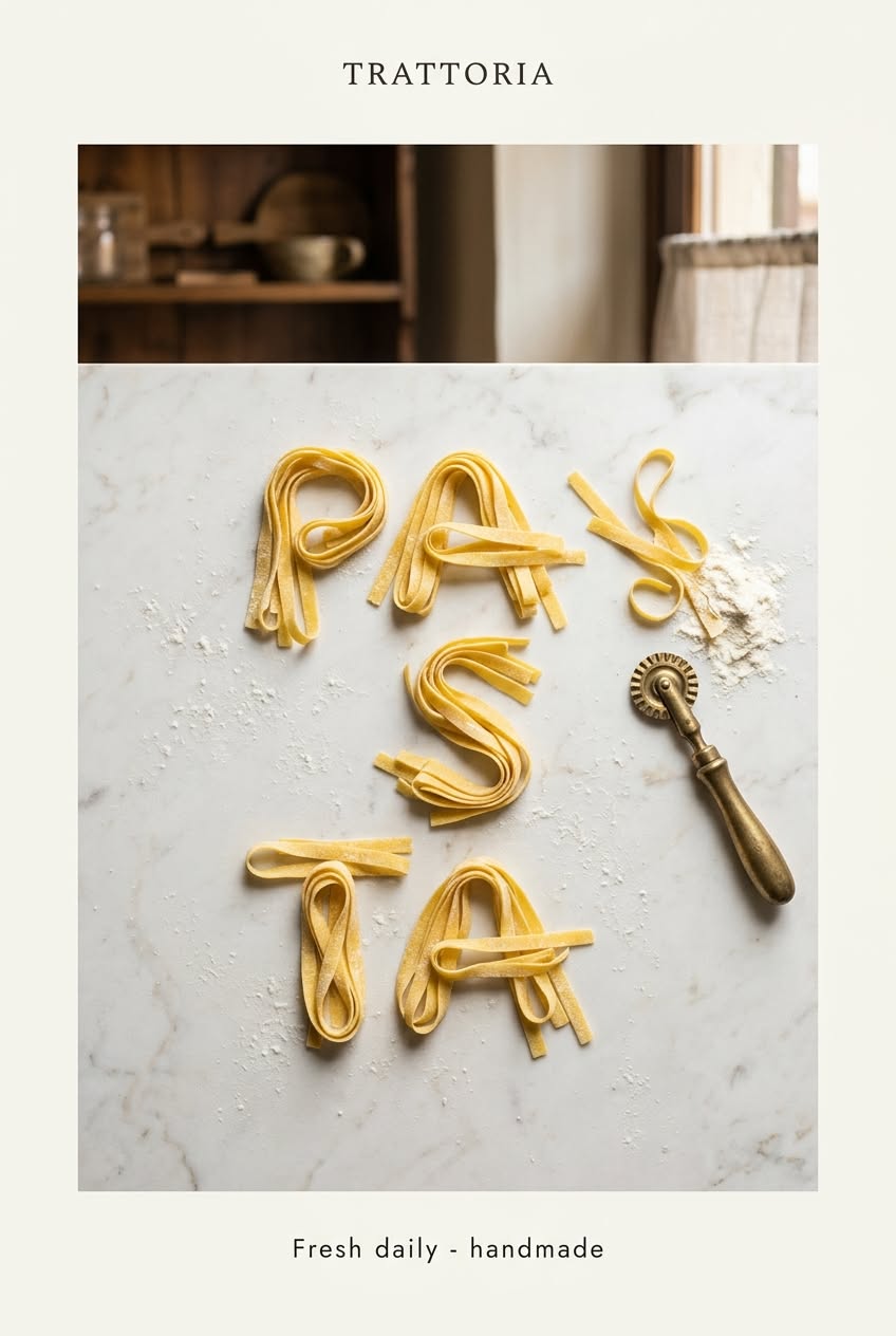 Story: Fresh pasta forms spell the brand theme