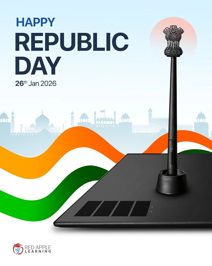 Republic Day creative ad: Graphics tablet with stylus topped by the Lion Capital emblem