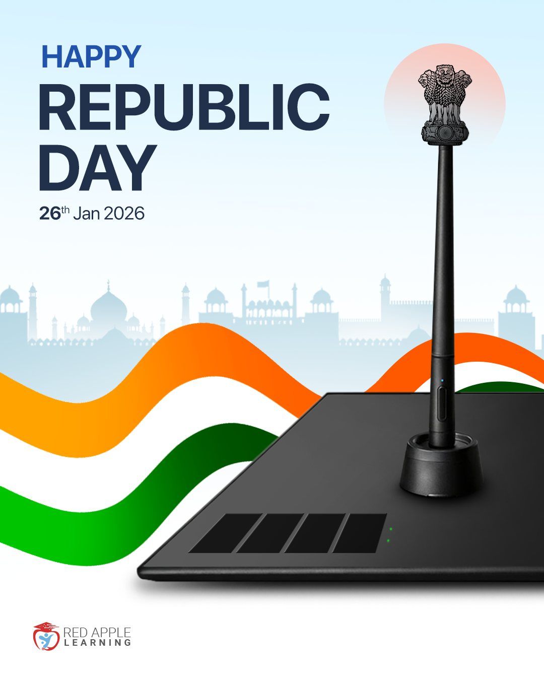 Republic Day Instagram post: Graphics tablet with stylus topped by the Lion Capital emblem
