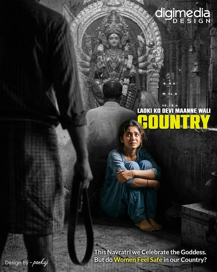 Navratri creative ad: Frightened woman crouched before a Durga idol while a man holds a belt