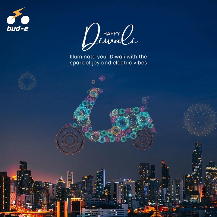 Diwali creative ad: Scooter shape formed from fireworks over a city skyline
