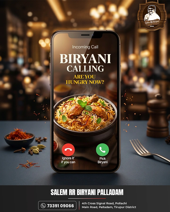 Biryani Restaurants & Brands creative ad: Smartphone showing biryani as an incoming call