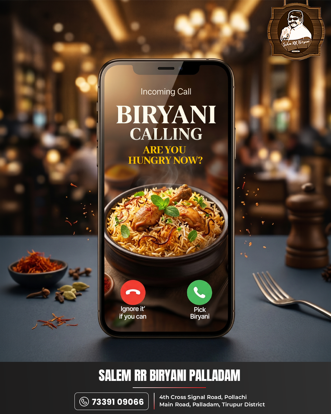 Instagram post: Smartphone showing biryani as an incoming call