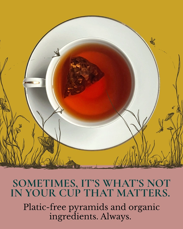 Tea & Chai Brands creative ad: Plastic-free message, cup framed by grass illustration