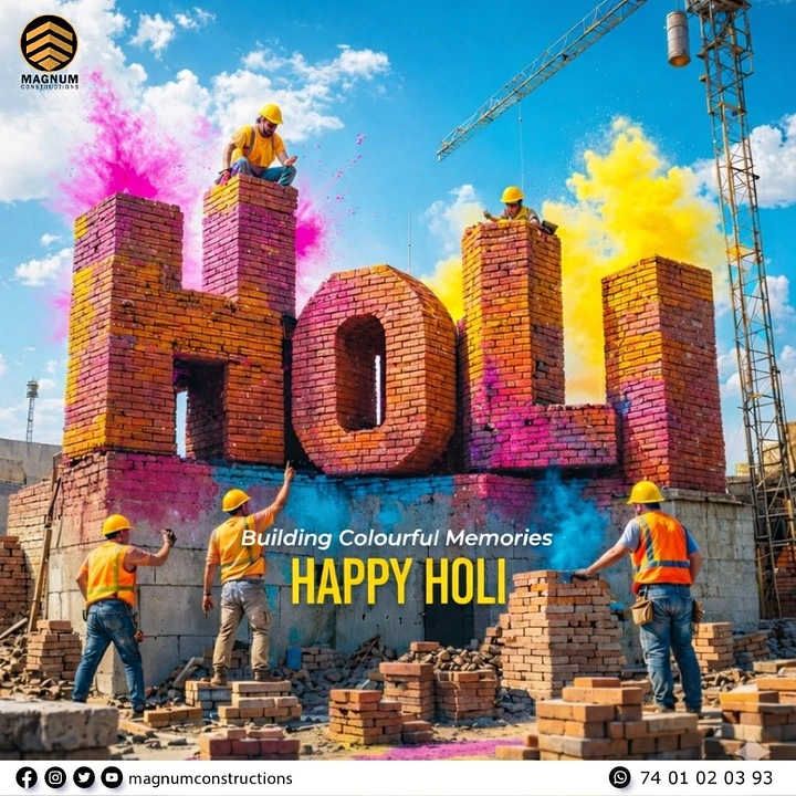 Holi creative ad: Giant brick-built HOLI letters on a construction site, splashed with colour