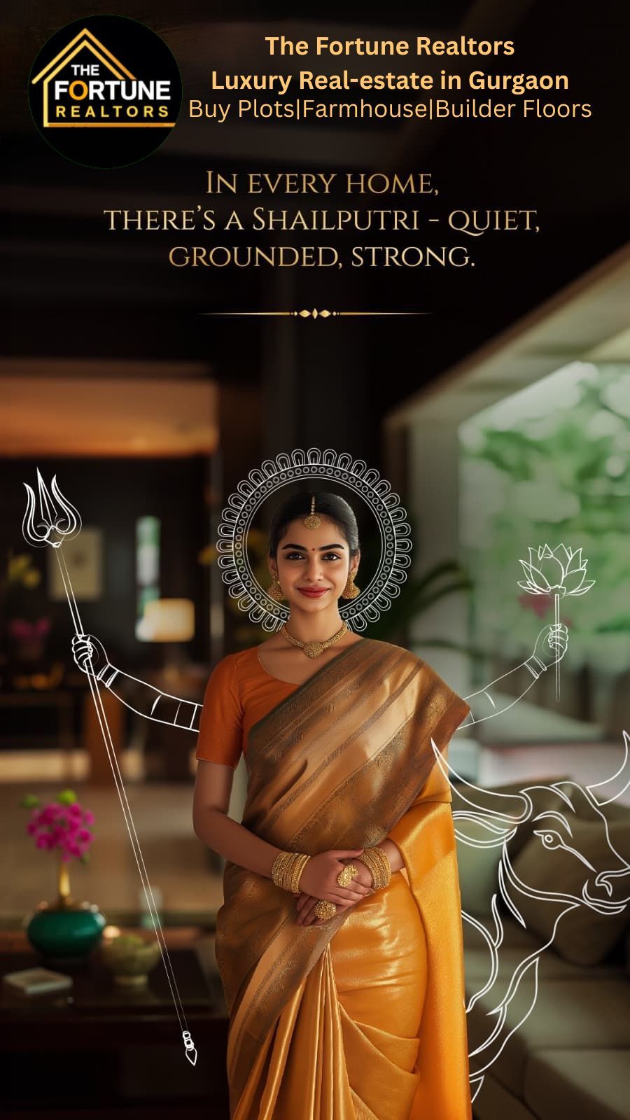 Woman in a mustard silk saree as Shailputri inside a luxury home