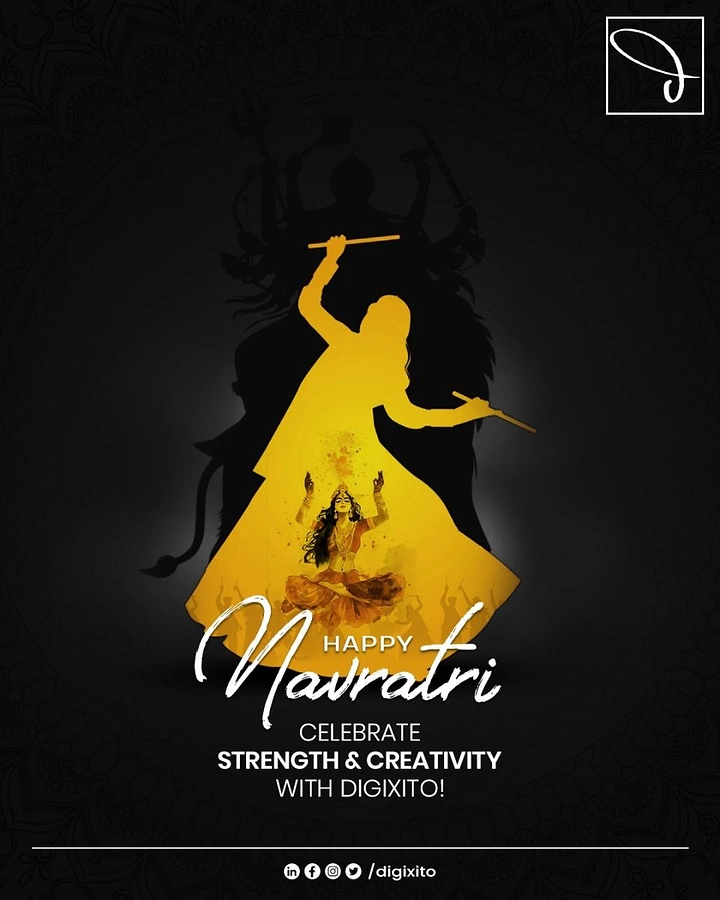 Navratri creative ad: Glowing yellow silhouette of a dandiya dancer with a goddess inside
