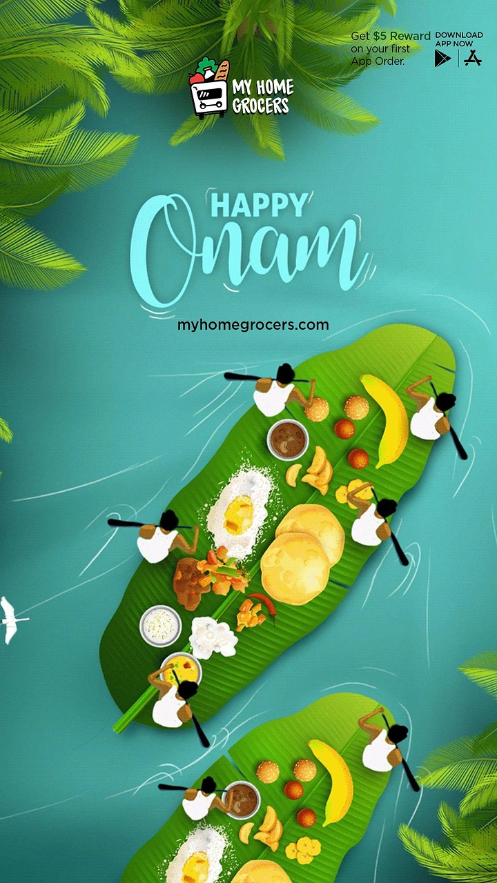Onam creative ad: Banana leaves laden with sadya rowed like snake boats on teal water