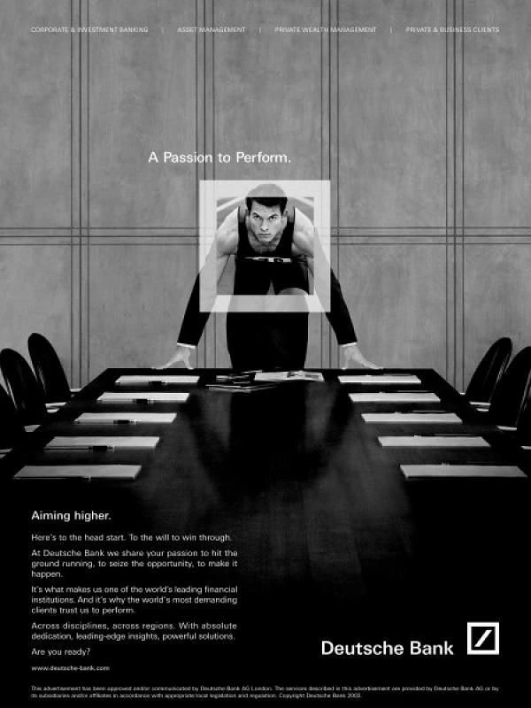 Stock Brokers & Investing creative ad: Sprinter in starting pose at the head of a boardroom table