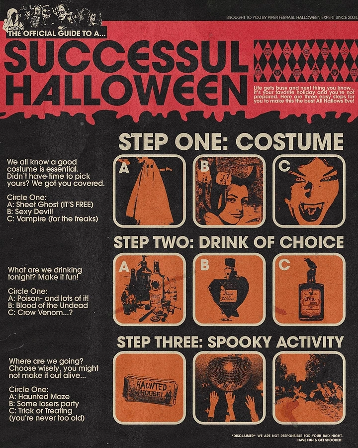 Halloween creative ad: Retro quiz-style guide with a 3x3 grid of orange halftone Halloween images