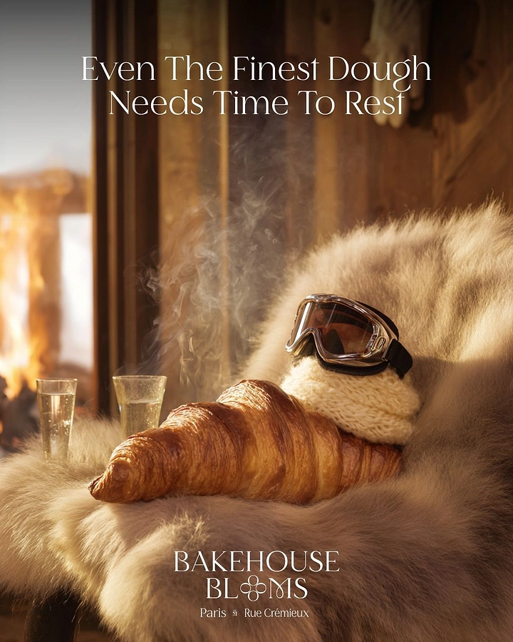 Restaurant & Cafe creative ad: Croissant lounging on fur chair wearing ski goggles and beanie